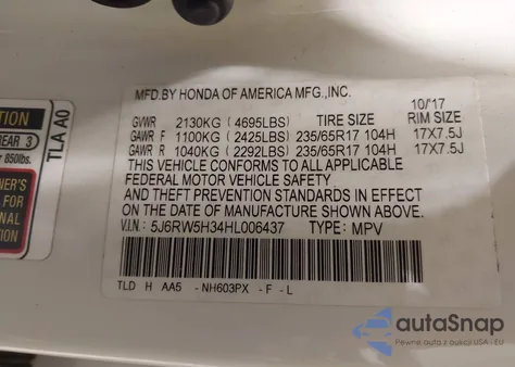 2017 Honda Cr-V Lx z USA, uszkodzony, nr VIN 5J6RW5H34HL006437